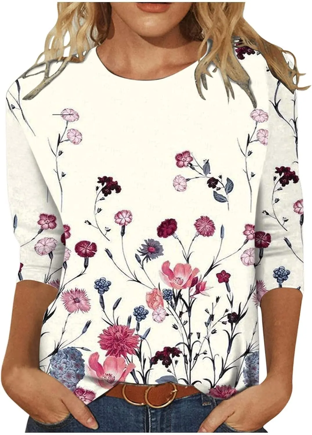 Womens 3/4 Length Sleeve Tops 2024, Valentines and Casual Fashion Style Shirts Crew Neck Loose-Fitting Blouses