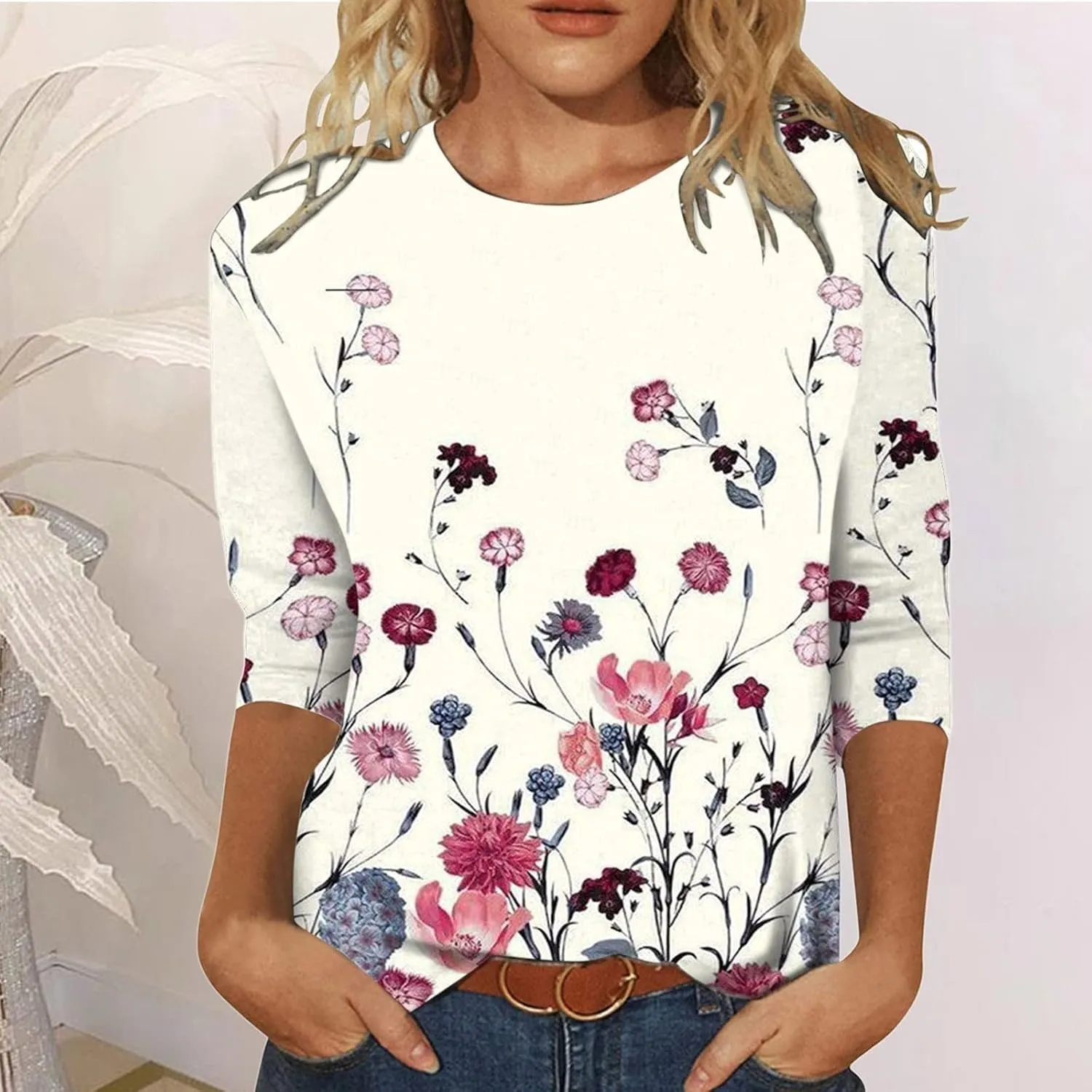 Womens 3/4 Length Sleeve Tops 2024, Valentines and Casual Fashion Style Shirts Crew Neck Loose-Fitting Blouses