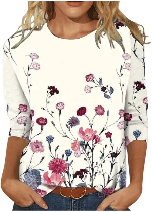 Womens 3/4 Length Sleeve Tops 2024, Valentines and Casual Fashion Style Shirts Crew Neck Loose-Fitting Blouses