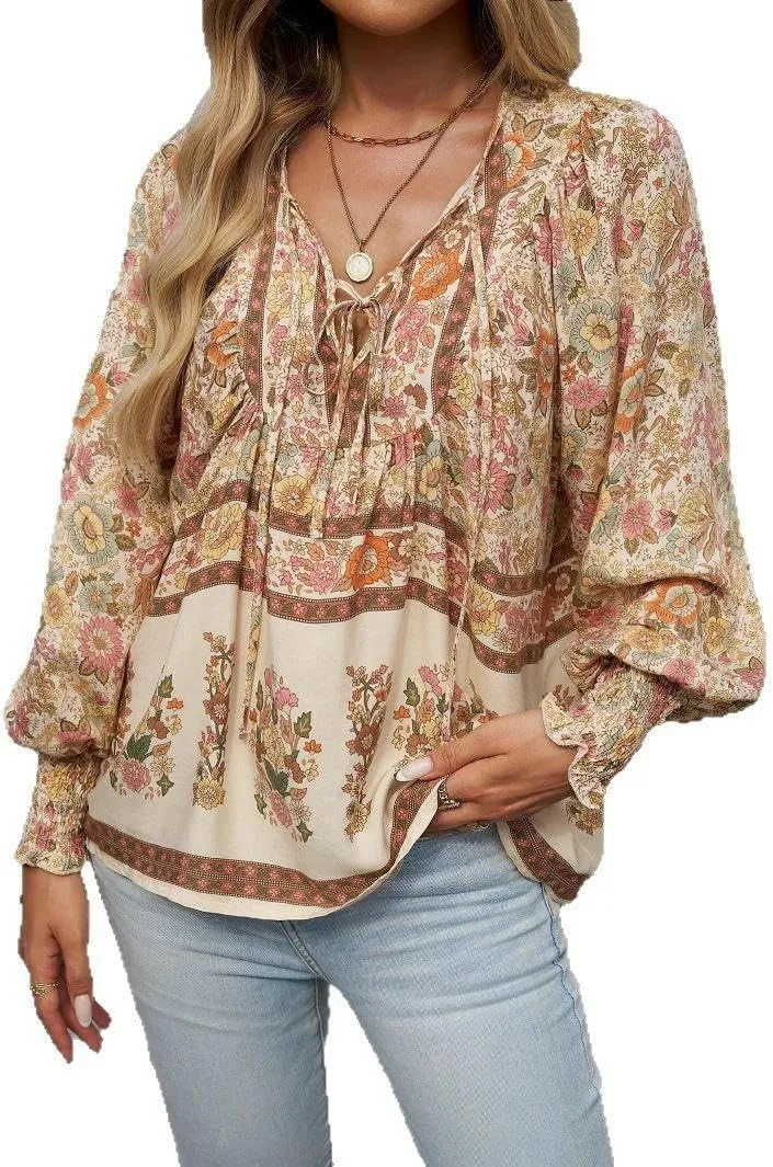 Women's Boho Floral Blouse – Long Sleeve V Neck Peasant Shirt with Tassel Tie, Casual Loose Fit Tunic Top