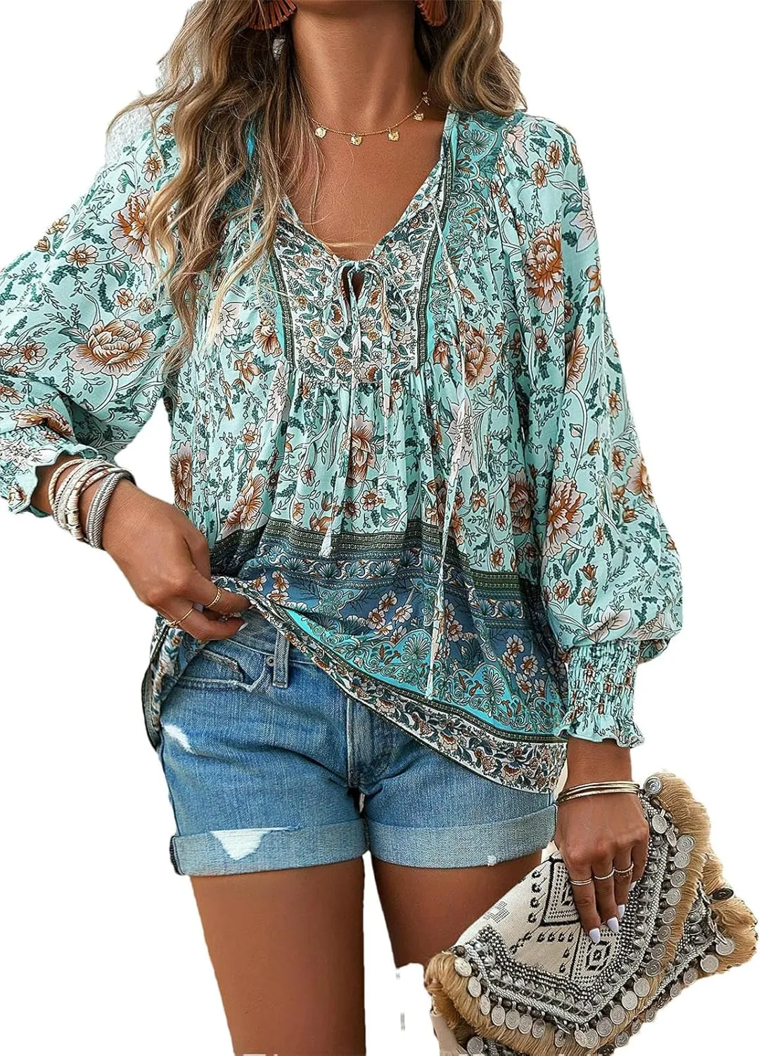 Women's Boho Floral Blouse – Long Sleeve V Neck Peasant Shirt with Tassel Tie, Casual Loose Fit Tunic Top