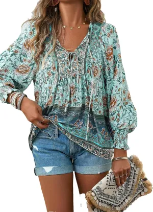 Women's Boho Floral Blouse – Long Sleeve V Neck Peasant Shirt with Tassel Tie, Casual Loose Fit Tunic Top