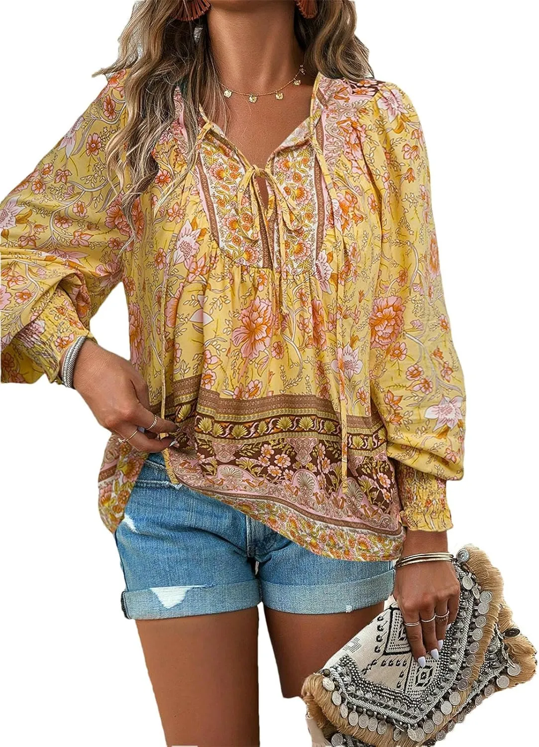 Women's Boho Floral Blouse – Long Sleeve V Neck Peasant Shirt with Tassel Tie, Casual Loose Fit Tunic Top