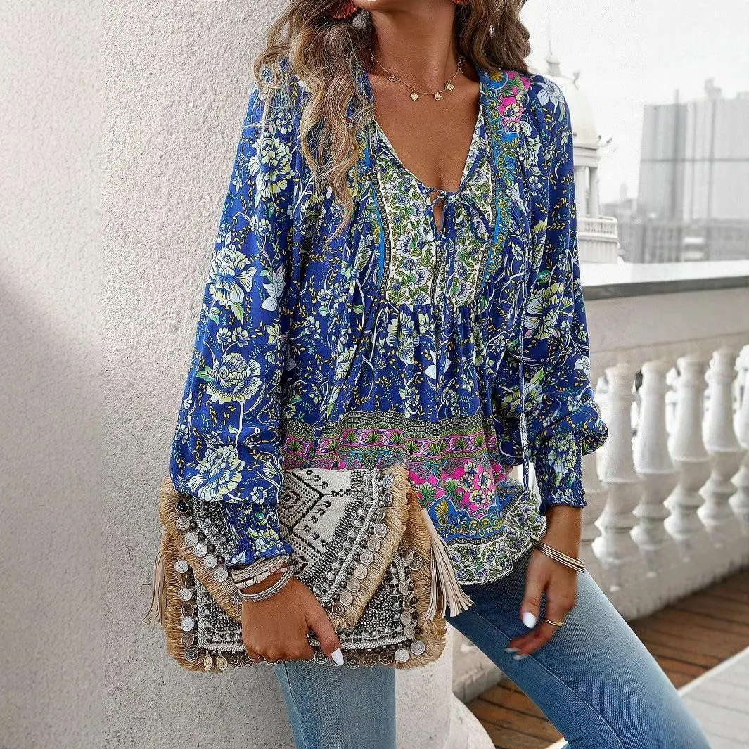 Women's Boho Floral Blouse – Long Sleeve V Neck Peasant Shirt with Tassel Tie, Casual Loose Fit Tunic Top