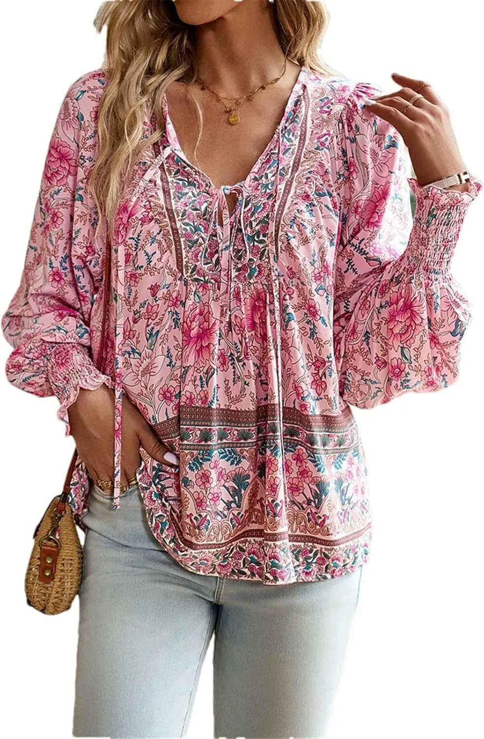 Women's Boho Floral Blouse – Long Sleeve V Neck Peasant Shirt with Tassel Tie, Casual Loose Fit Tunic Top