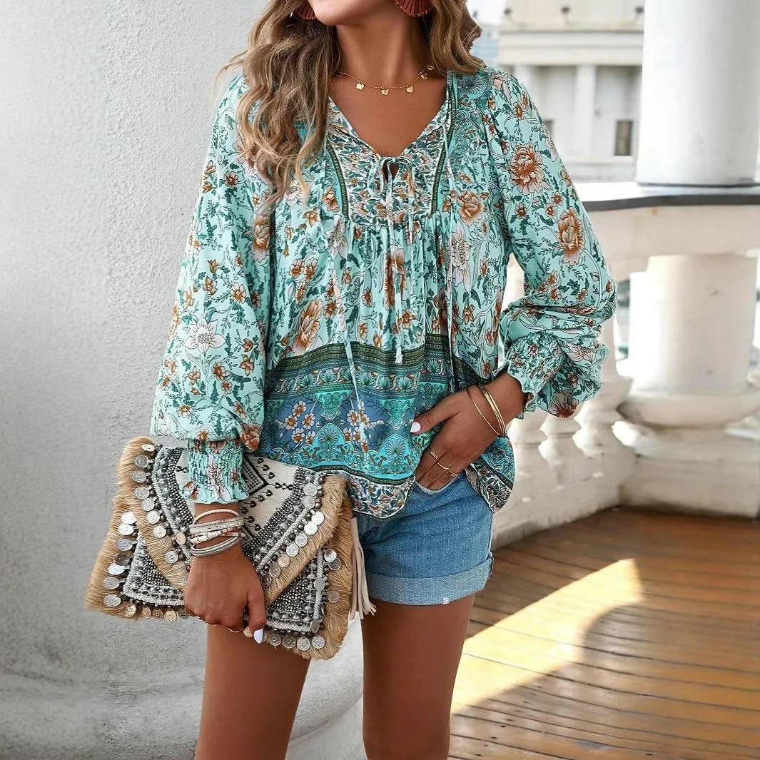 Women's Boho Floral Blouse – Long Sleeve V Neck Peasant Shirt with Tassel Tie, Casual Loose Fit Tunic Top