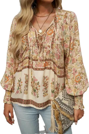 Women's Boho Floral Blouse – Long Sleeve V Neck Peasant Shirt with Tassel Tie, Casual Loose Fit Tunic Top