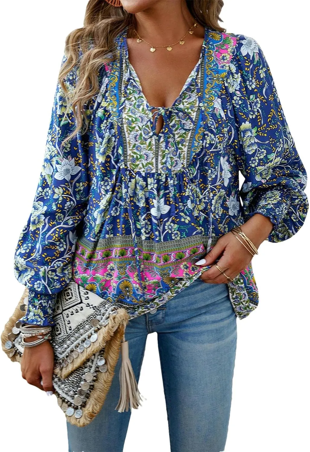 Women's Boho Floral Blouse – Long Sleeve V Neck Peasant Shirt with Tassel Tie, Casual Loose Fit Tunic Top