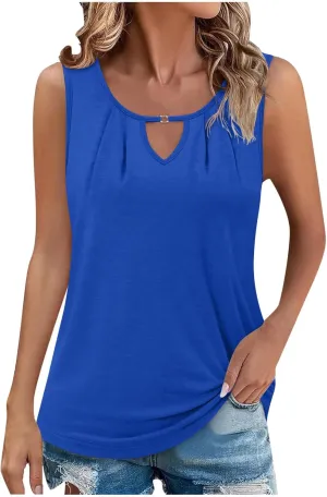 Womens Business Casual Tank Top Summer Sleeveless Keyhole Pleated Shirts 2025 Trendy Outfits Dressy Work Blouse