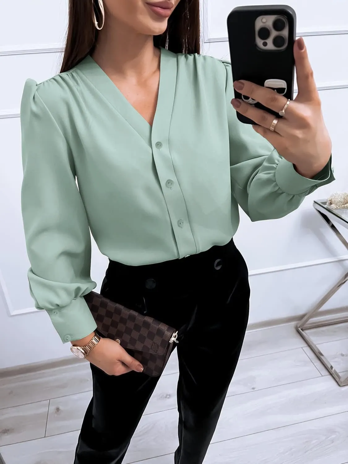Women's Business Casual Tops Summer Long Sleeve Silk Button Down Shirts V Neck Chiffon Blouses