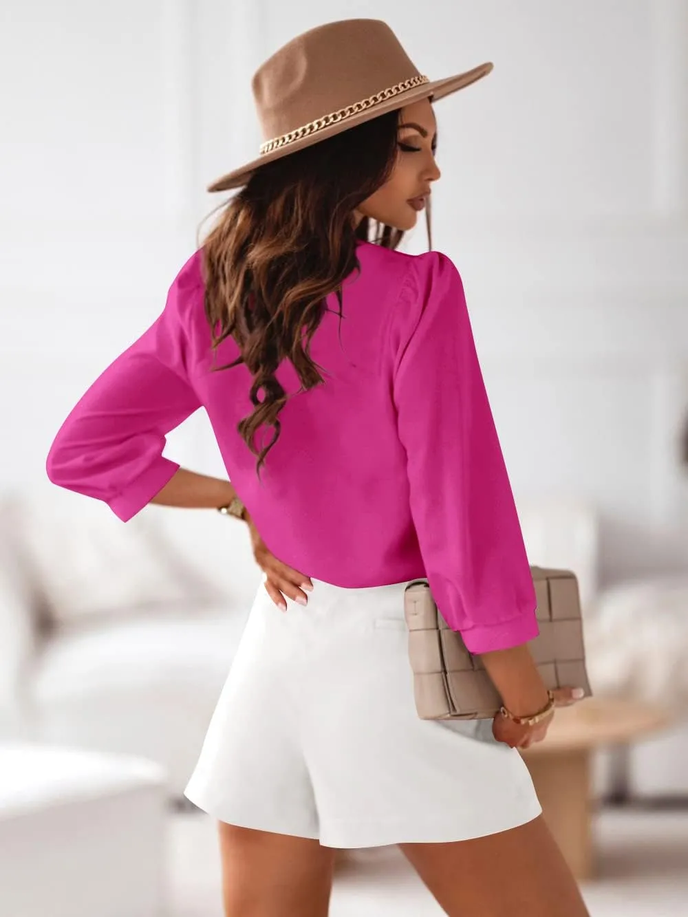 Women's Business Casual Tops Summer Long Sleeve Silk Button Down Shirts V Neck Chiffon Blouses