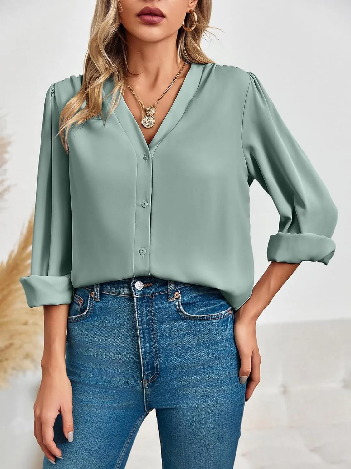 Women's Business Casual Tops Summer Long Sleeve Silk Button Down Shirts V Neck Chiffon Blouses