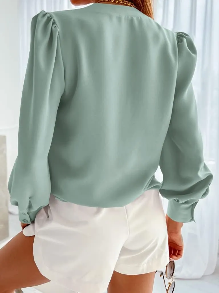 Women's Business Casual Tops Summer Long Sleeve Silk Button Down Shirts V Neck Chiffon Blouses