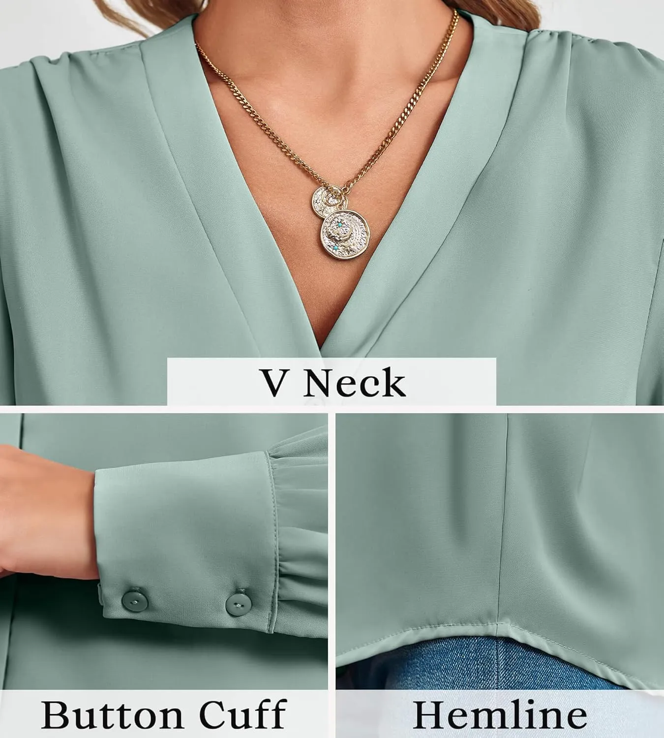 Women's Business Casual Tops Summer Long Sleeve Silk Button Down Shirts V Neck Chiffon Blouses