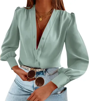 Women's Business Casual Tops Summer Long Sleeve Silk Button Down Shirts V Neck Chiffon Blouses