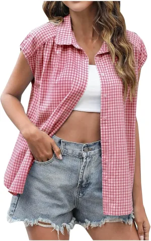 Women's Cap Sleeve Button Down Shirts Vintage Plaid Print Collared Blouse Dressy Casual Summer Tops