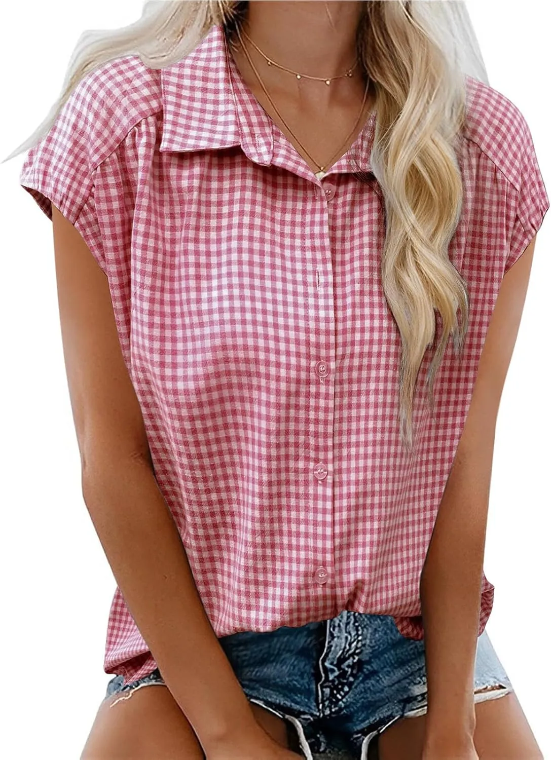 Women's Cap Sleeve Button Down Shirts Vintage Plaid Print Collared Blouse Dressy Casual Summer Tops