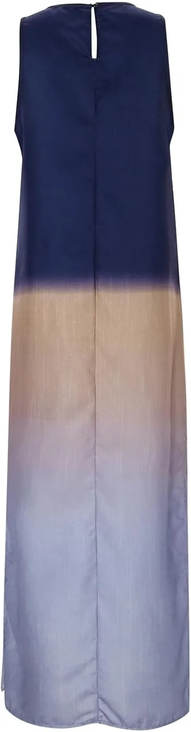 Women's Casual Cotton and Linen Sleeveless Slit Gradient Tie Dye Long Dress Swing Party Dresses for Women