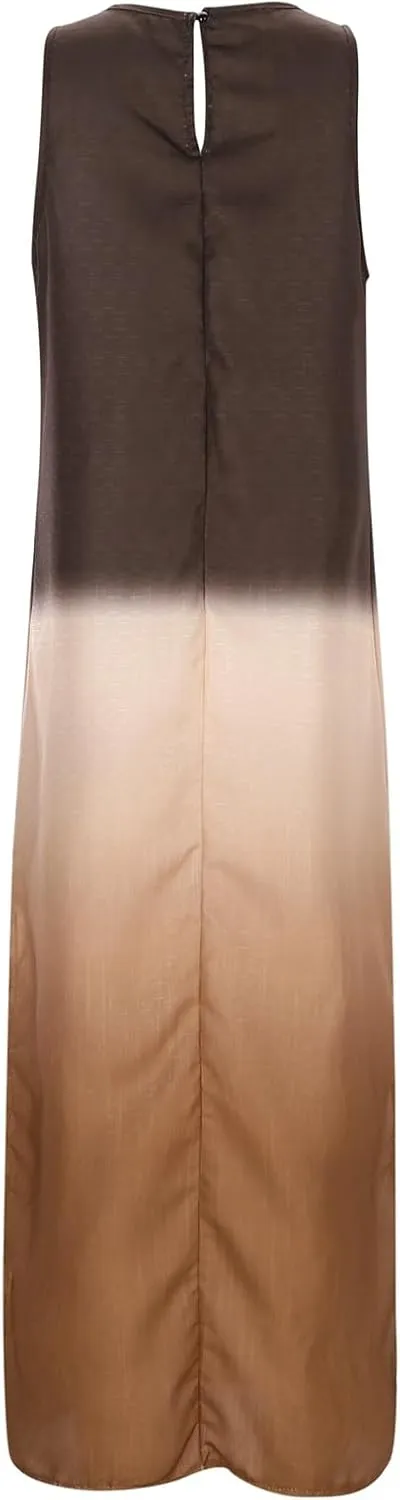 Women's Casual Cotton and Linen Sleeveless Slit Gradient Tie Dye Long Dress Swing Party Dresses for Women