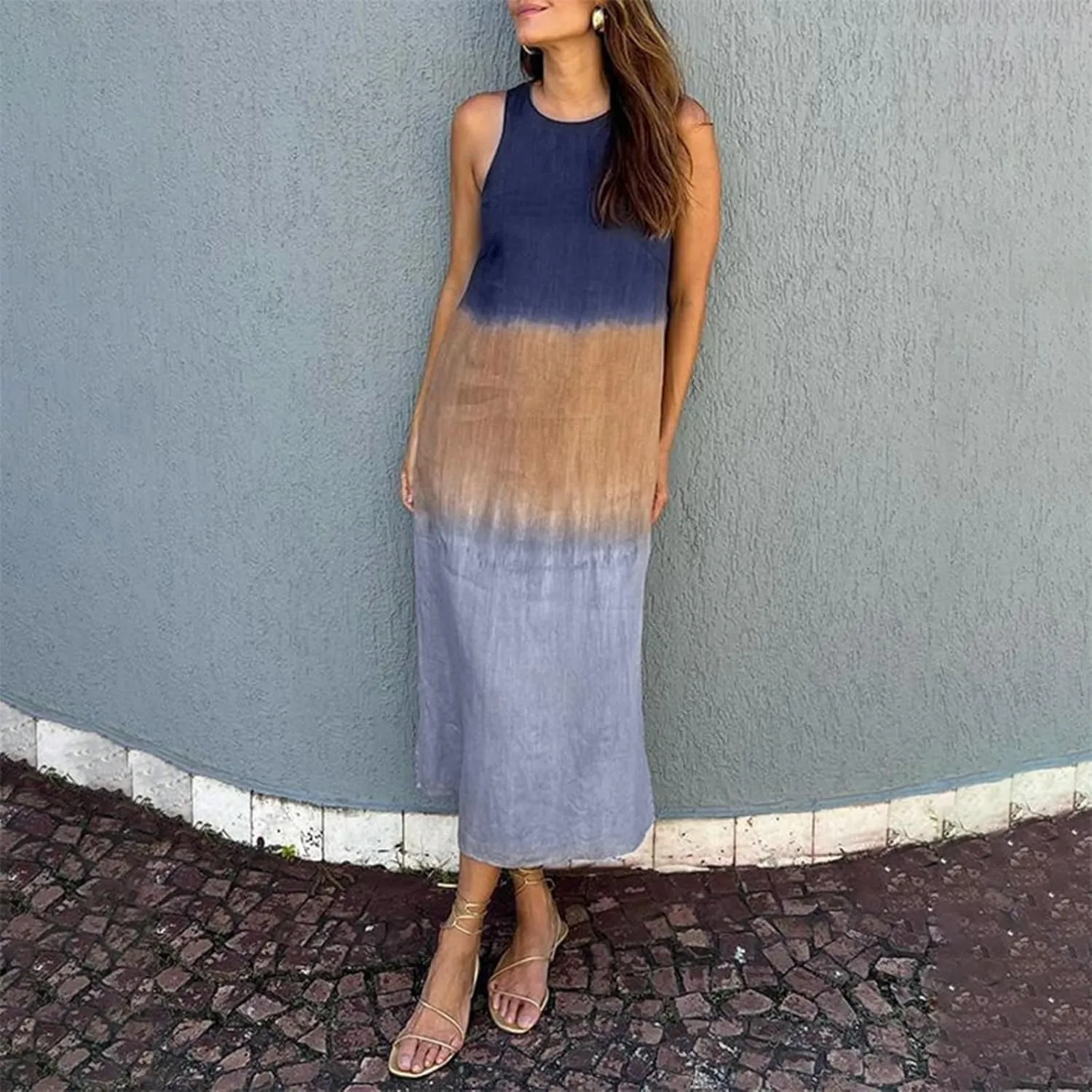 Women's Casual Cotton and Linen Sleeveless Slit Gradient Tie Dye Long Dress Swing Party Dresses for Women