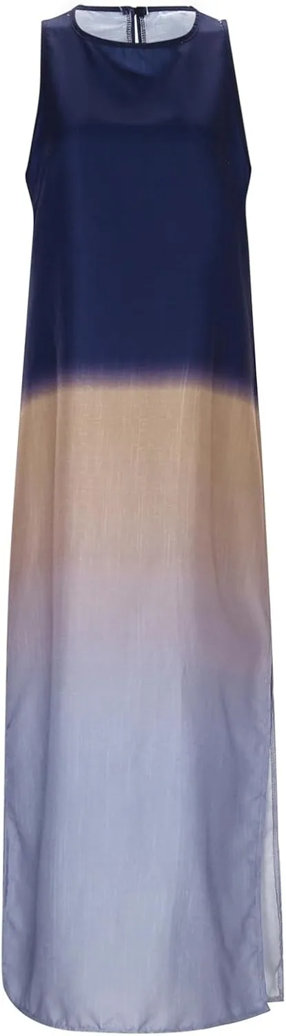Women's Casual Cotton and Linen Sleeveless Slit Gradient Tie Dye Long Dress Swing Party Dresses for Women
