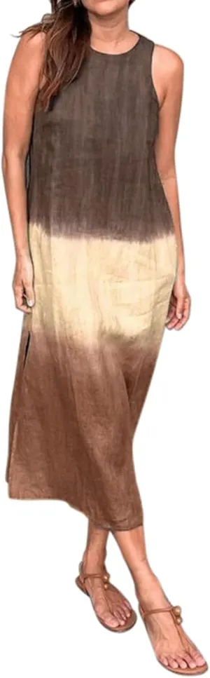 Women's Casual Cotton and Linen Sleeveless Slit Gradient Tie Dye Long Dress Swing Party Dresses for Women