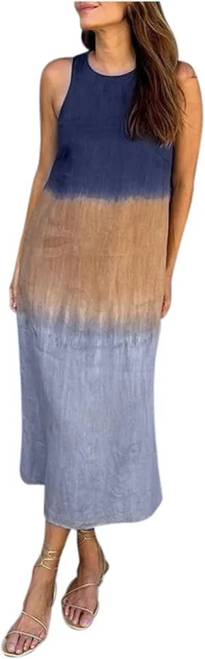 Women's Casual Cotton and Linen Sleeveless Slit Gradient Tie Dye Long Dress Swing Party Dresses for Women