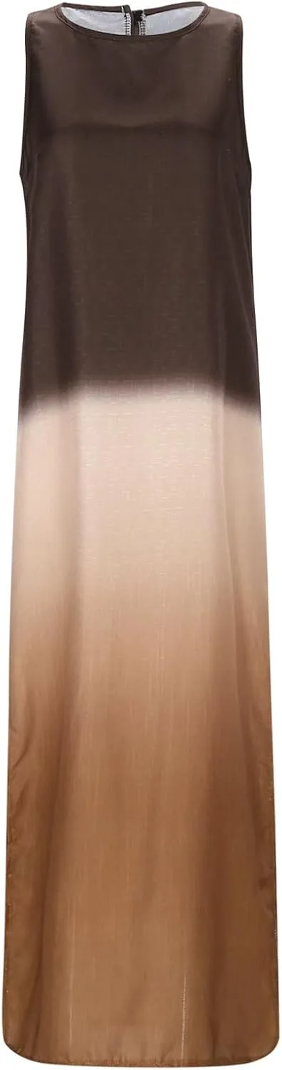 Women's Casual Cotton and Linen Sleeveless Slit Gradient Tie Dye Long Dress Swing Party Dresses for Women