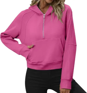 Women's Casual Workout Hoodies Trendy Half Zipper Pockets Cropped Sweatshirt Tops Long Sleeve Solid Color Pullover