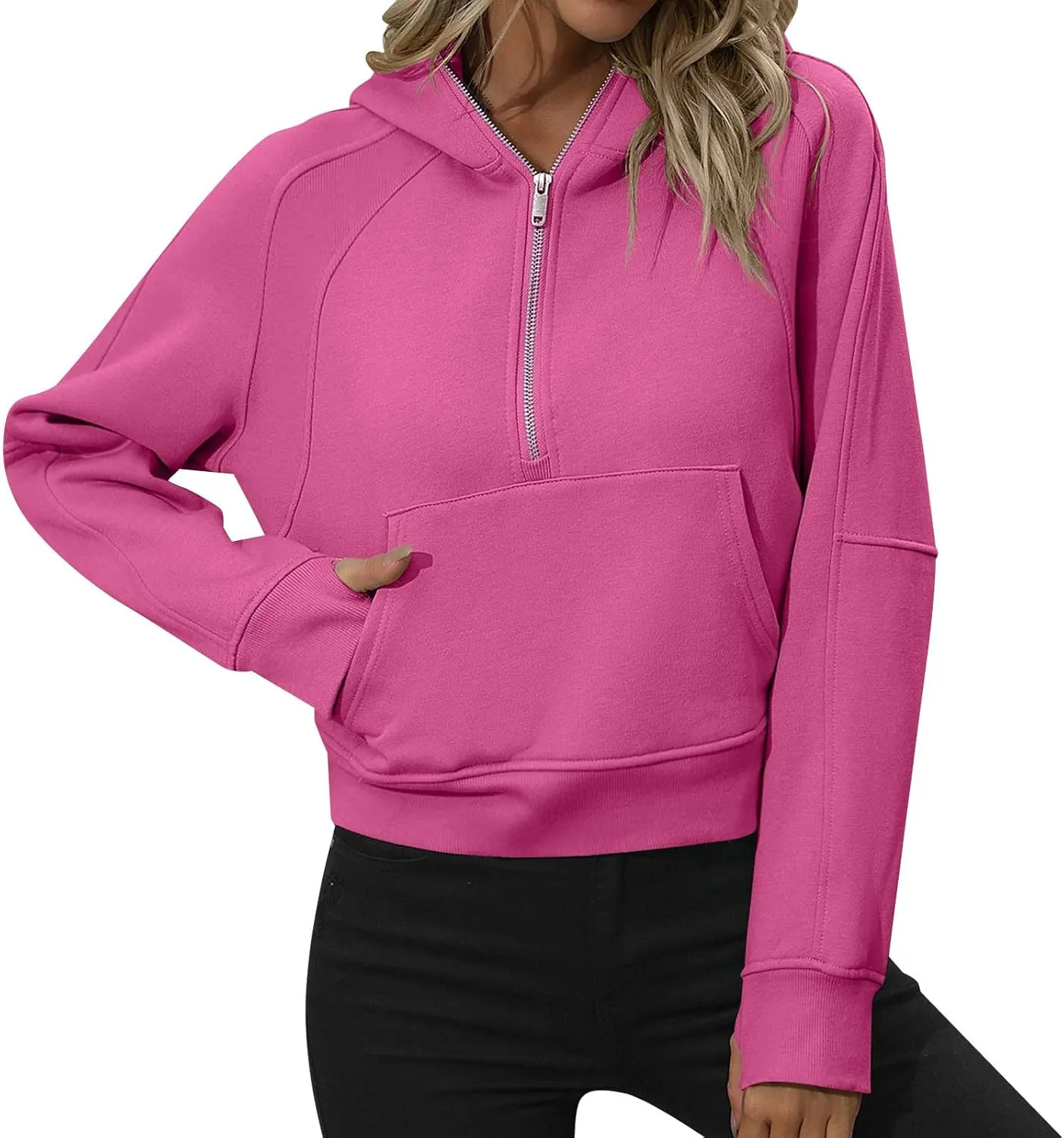 Women's Casual Workout Hoodies Trendy Half Zipper Pockets Cropped Sweatshirt Tops Long Sleeve Solid Color Pullover