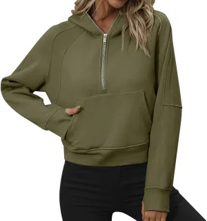 Women's Casual Workout Hoodies Trendy Half Zipper Pockets Cropped Sweatshirt Tops Long Sleeve Solid Color Pullover
