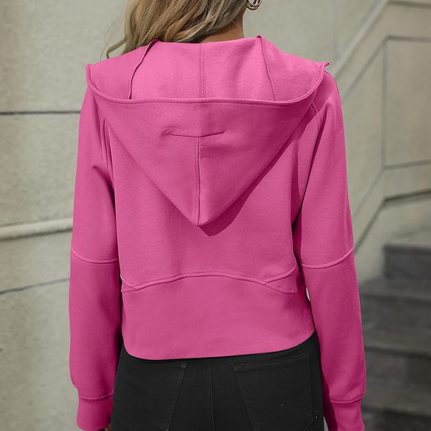 Women's Casual Workout Hoodies Trendy Half Zipper Pockets Cropped Sweatshirt Tops Long Sleeve Solid Color Pullover