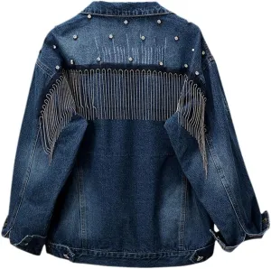Women's Chain Tassel Oversized Denim Jacket Girl Loose Jean Coats Spring Outwear