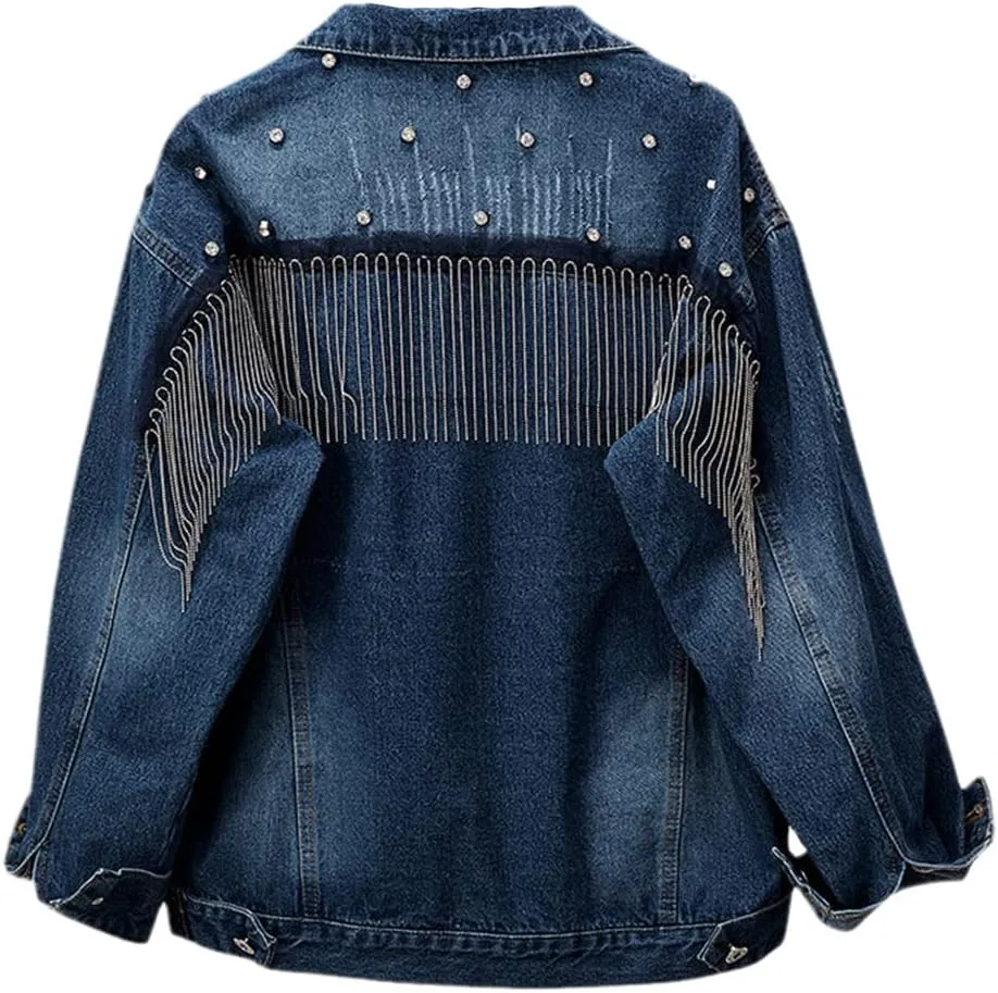 Women's Chain Tassel Oversized Denim Jacket Girl Loose Jean Coats Spring Outwear