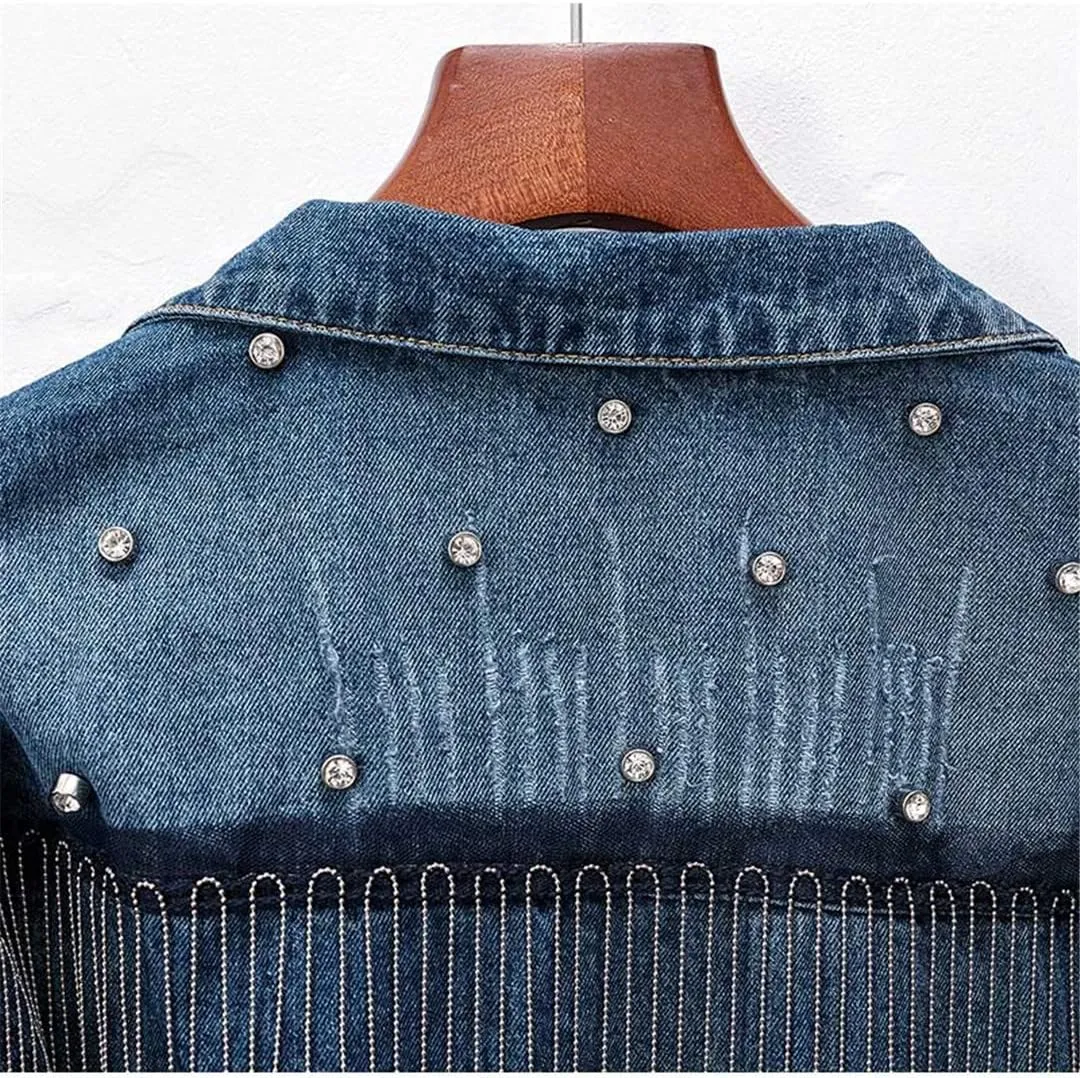 Women's Chain Tassel Oversized Denim Jacket Girl Loose Jean Coats Spring Outwear