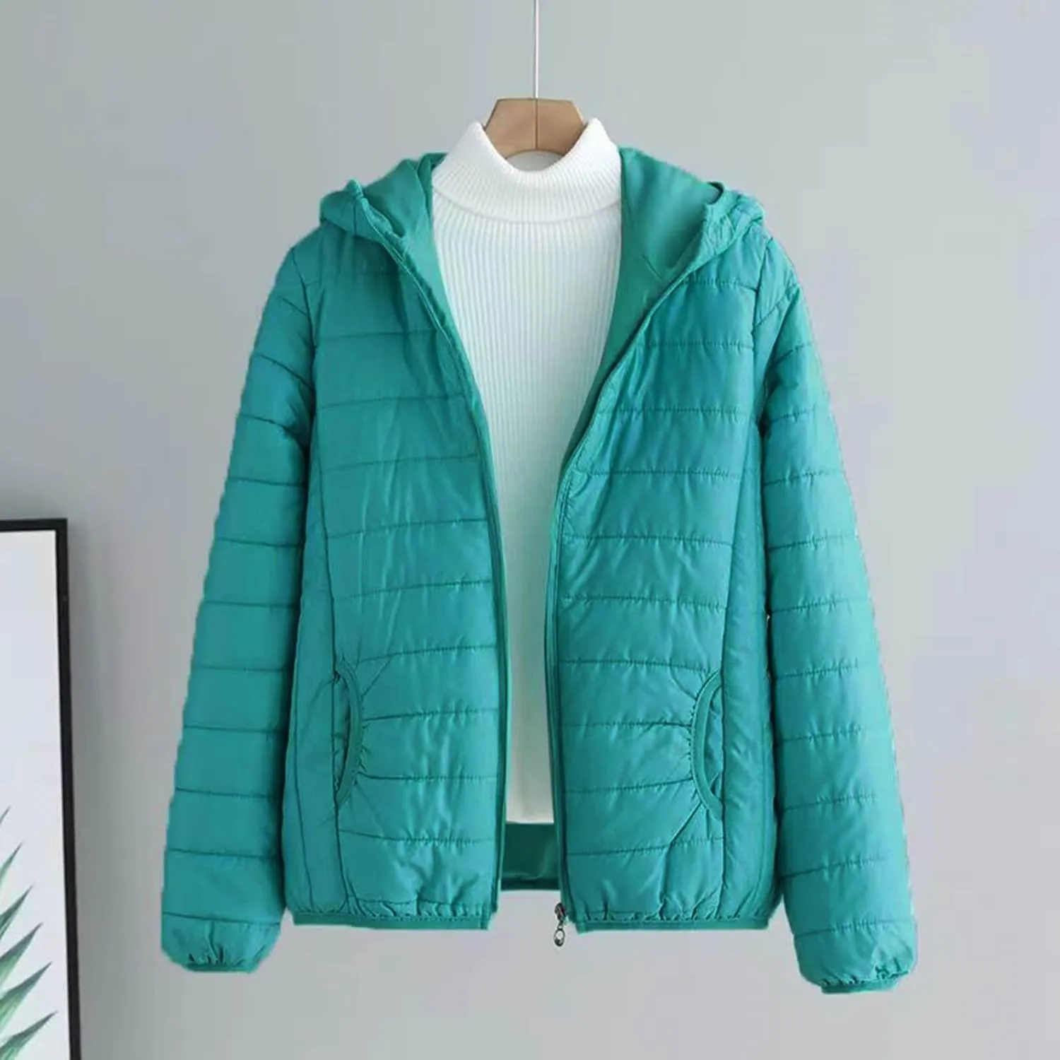 Womens Classic Solid Quilted Puffer Coat Long Sleeve Hooded Down Coat Casaul Warm Pocket Overcoat Daily Winter Clothes