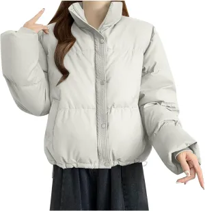Womens Cropped Puffer Jackets 2024 Zip up Long Sleeve Solid Fluffy down Coats Lightweight Cute Casual Winter Outwear
