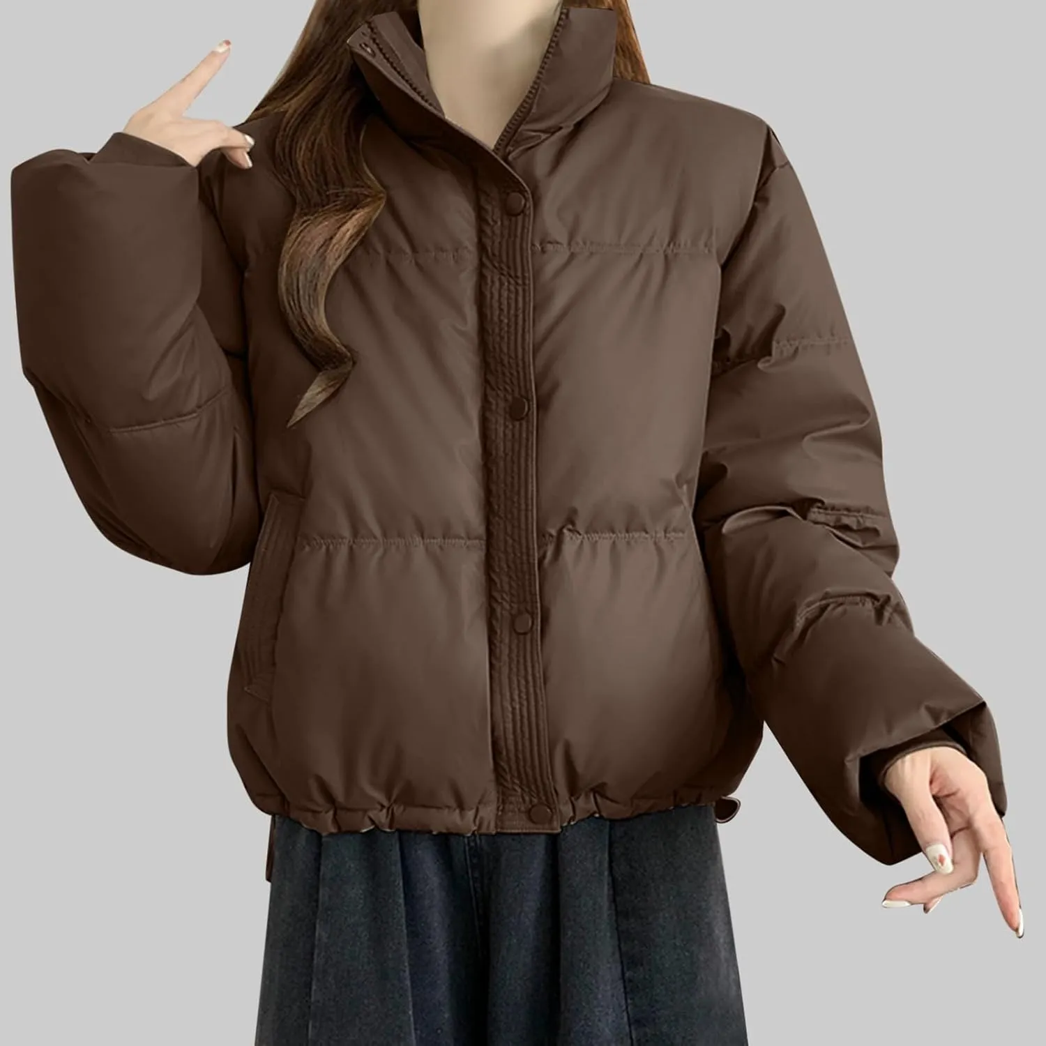 Womens Cropped Puffer Jackets 2024 Zip up Long Sleeve Solid Fluffy down Coats Lightweight Cute Casual Winter Outwear