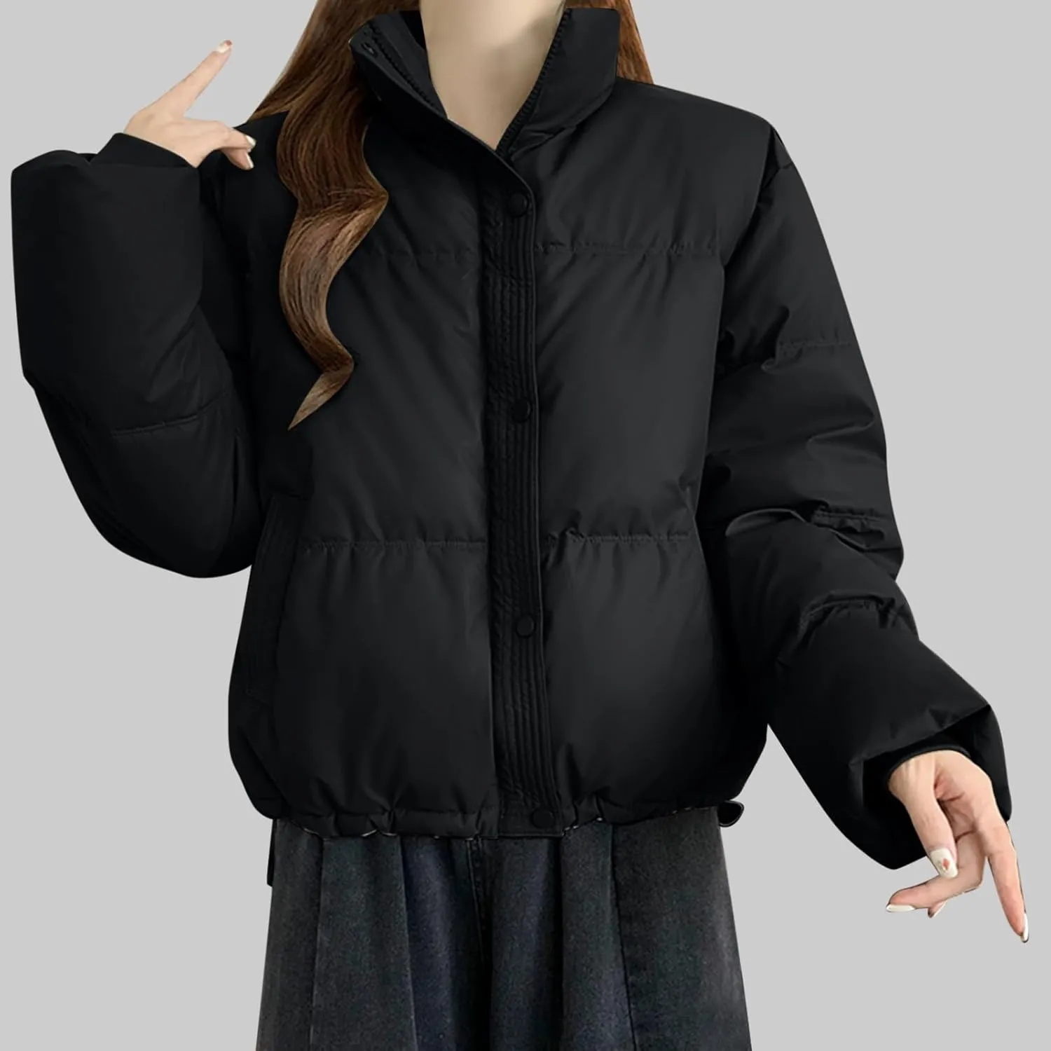 Womens Cropped Puffer Jackets 2024 Zip up Long Sleeve Solid Fluffy down Coats Lightweight Cute Casual Winter Outwear