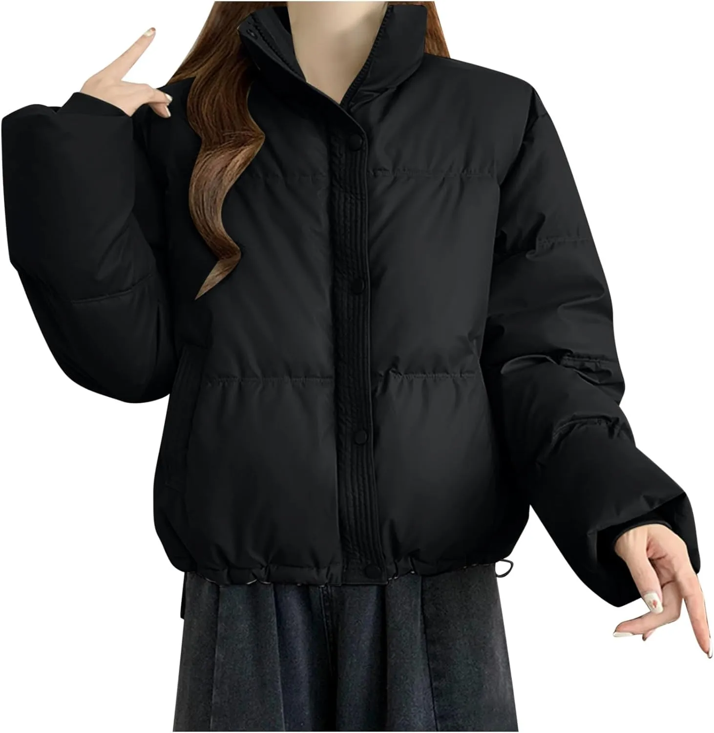 Womens Cropped Puffer Jackets 2024 Zip up Long Sleeve Solid Fluffy down Coats Lightweight Cute Casual Winter Outwear