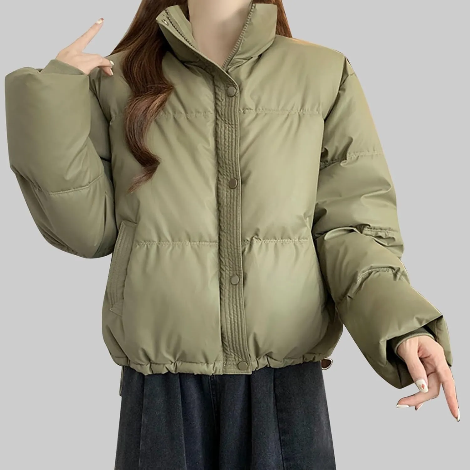 Womens Cropped Puffer Jackets 2024 Zip up Long Sleeve Solid Fluffy down Coats Lightweight Cute Casual Winter Outwear
