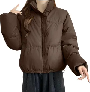 Womens Cropped Puffer Jackets 2024 Zip up Long Sleeve Solid Fluffy down Coats Lightweight Cute Casual Winter Outwear