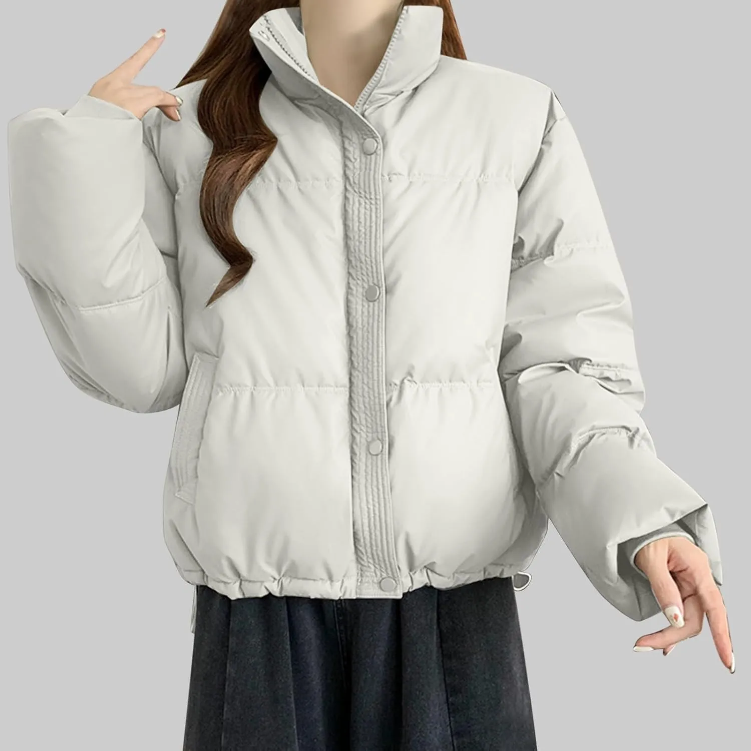Womens Cropped Puffer Jackets 2024 Zip up Long Sleeve Solid Fluffy down Coats Lightweight Cute Casual Winter Outwear