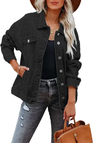 Women's Denim Jacket Oversized Trucker Jean Jacket Long Sleeve Button Front Boyfriend Jean Coats Outerwear