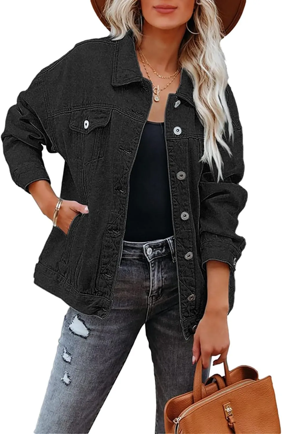 Women's Denim Jacket Oversized Trucker Jean Jacket Long Sleeve Button Front Boyfriend Jean Coats Outerwear