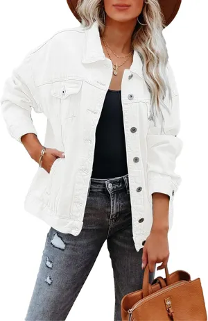 Women's Denim Jacket Oversized Trucker Jean Jacket Long Sleeve Button Front Boyfriend Jean Coats Outerwear