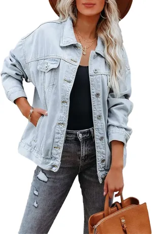 Women's Denim Jacket Oversized Trucker Jean Jacket Long Sleeve Button Front Boyfriend Jean Coats Outerwear
