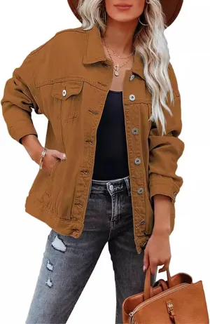 Women's Denim Jacket Oversized Trucker Jean Jacket Long Sleeve Button Front Boyfriend Jean Coats Outerwear