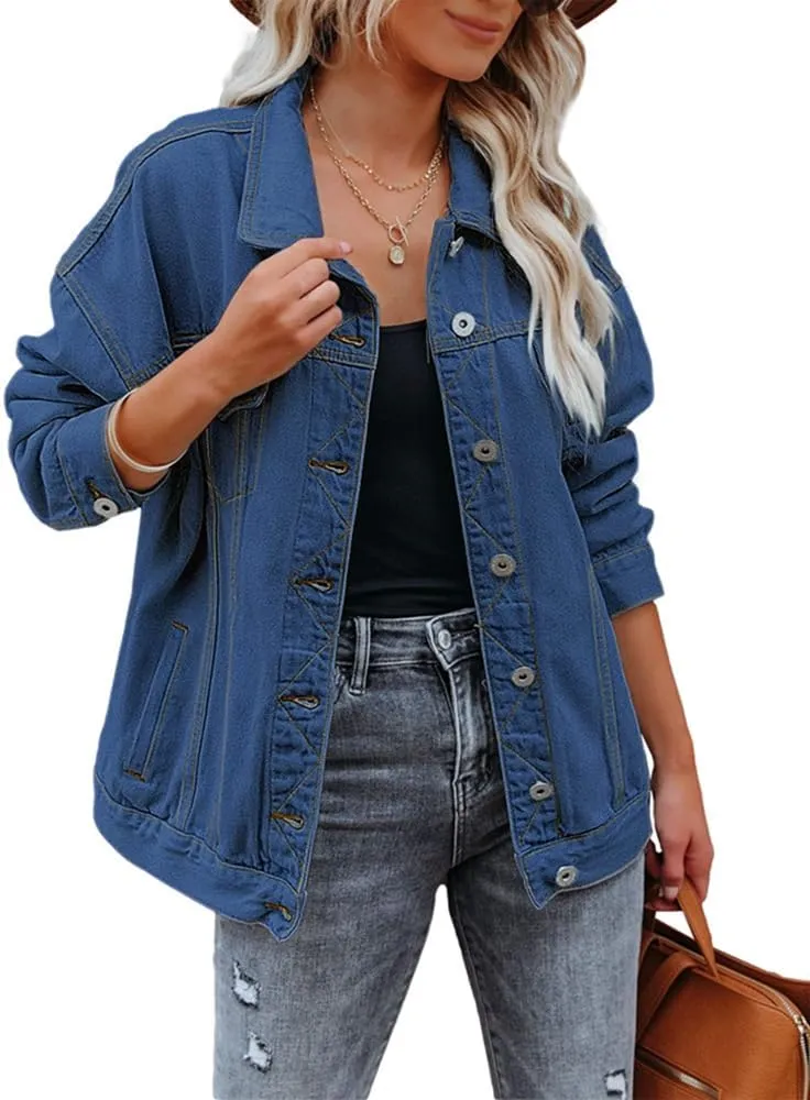 Women's Denim Jacket Oversized Trucker Jean Jacket Long Sleeve Button Front Boyfriend Jean Coats Outerwear