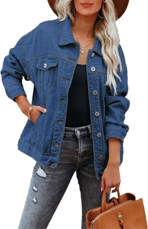 Women's Denim Jacket Oversized Trucker Jean Jacket Long Sleeve Button Front Boyfriend Jean Coats Outerwear